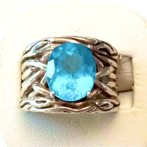 EFFY Bright Blue Oval Topaz Silver 925 Ring, Heavy 14.9g, Unique Roots look - Picture 5 of 6